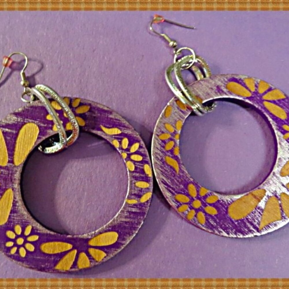 Handmade Round Circle Purple & Brown Earrings With Flower Designs Dangle Style